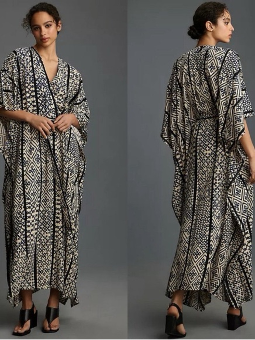 Bel Kazan Black Cream Geometric Kimono Caftan maxi one size fits all O/S NWT